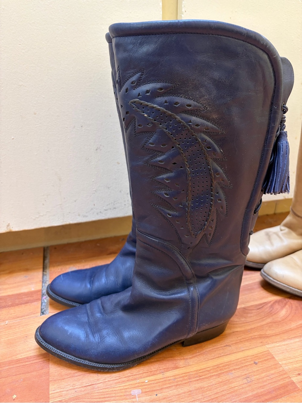 Women's Navy Leather Mid-Calf Tassel Boots